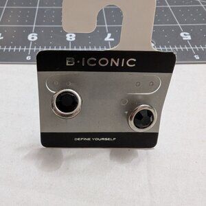 B Iconic cuff links silver tone metal black faux gemstone vtg org packing